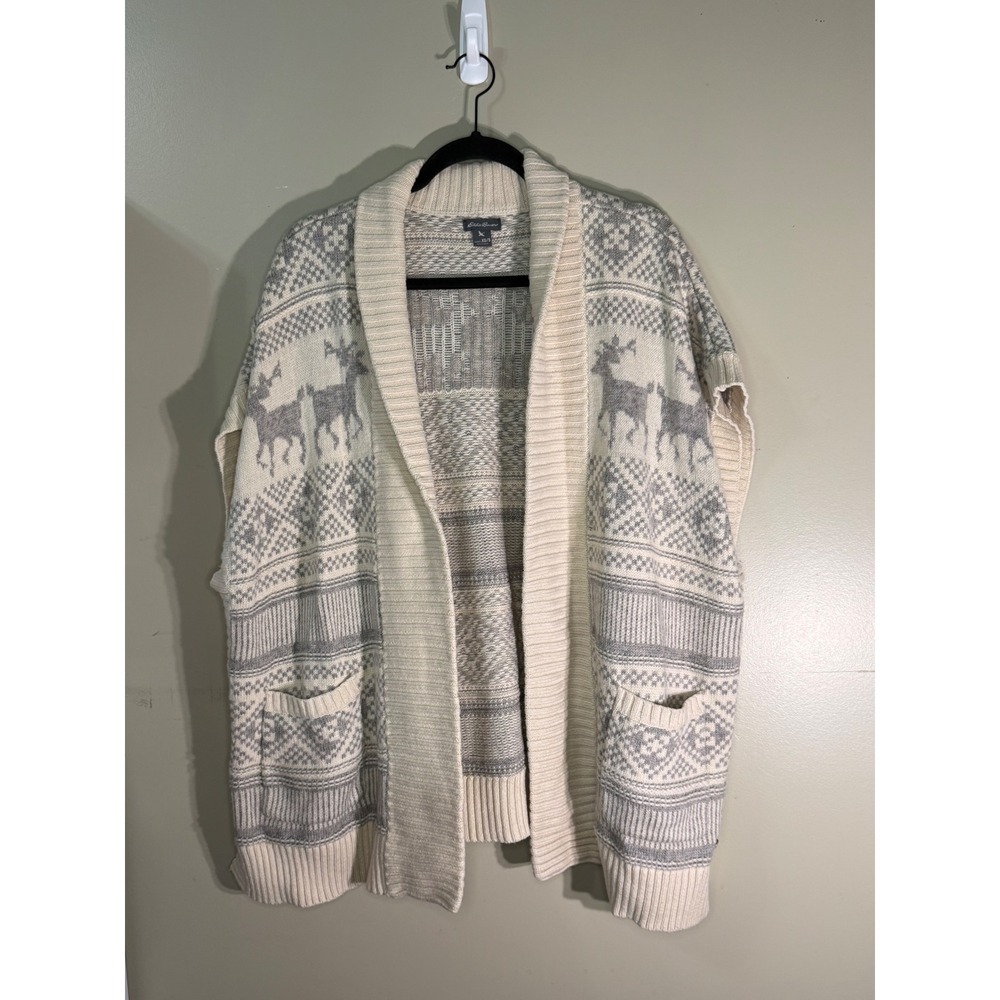 Eddie Bauer Reindeer Fair Isle Cardigan Vest Shawl Collar Merino Wool Cream XS/S